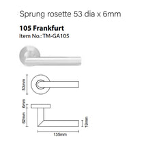 Load image into Gallery viewer, TM-GA105-32D GA Serius 105 Frankfurt lever handle in satin stainless steel  with sprung rosette 53 dia x 6mm
