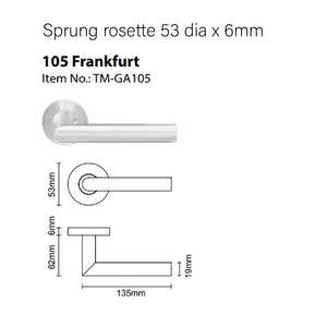 TM-GA105-32D GA Serius 105 Frankfurt lever handle in satin stainless steel  with sprung rosette 53 dia x 6mm