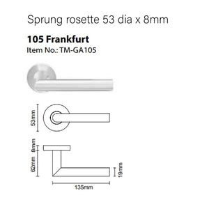 TM-GA105-32 GA Serius lever handle 105mm in polished stainless steel  with sprung rosette 53 dia x 8mm