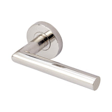 Load image into Gallery viewer, TM-GA105-32 GA Serius lever handle 105mm in polished stainless steel  with sprung rosette 53 dia x 8mm
