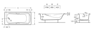 A247522001 Miami rectangular acrylic bath 1700x850mm with handgrip & bath waste, Hydrabaths 6 CP jets whirlpool system