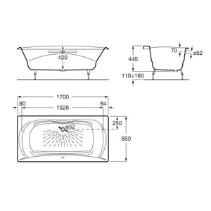 A232570001 (EU) Akira bathtub with integral headrest & armrests, one piece of c.p. brass handgrip and anti-slip base  size: 1700 x 850 mm  color: white[鑄鐵浴缸]