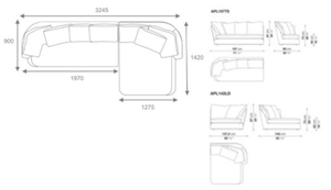 APL197TS Sofa Curved sofa with back cushions, 2850w x 1345d x 870h mm+APL142LD Sofa Right chaise longue with back cushions, 1275w x 1420d x 870h mm