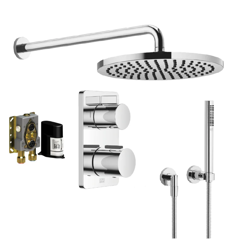 LuLu 36426710-00 two-way thermostatic mixer with 3542597090 concealed part, 28679970-00 wall mounted headshower Dia 300 & 27802892-00 hand shower set in Chrome